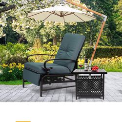 Adjustable Outdoor Lounge Chair Metal Patio Relaxing Recliner Chair Set with Bistro Table and Removable Cushions