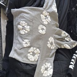 Grey and White denim tear hoodie