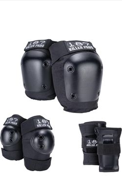 187 Killer Pads Six Pack Pad Set, Protective Gear for Elbows, Knees, and Wrists Skateboarding , Skating Black, Small-Medium