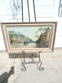Vintage framed signed Paris street scene oil on board painting