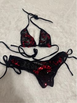 New Small sequin sheer red black low rise bikini goth emo festival rave y2k outfit  From early 2000s low rise scrunch bottom