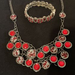 20” SilverTone Necklace With Red Rhinestones And Matching Stretch Band Bracelet,by CATO