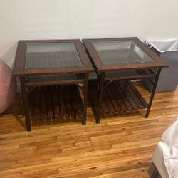 Two Metal, Wood & Glass End Tables