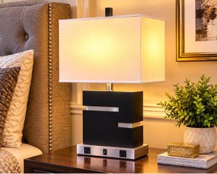 Modern Luxury Table Lamp with 2 Built-In Power Outlets | Black & Silver Bedside Nightstand Lamp – $65