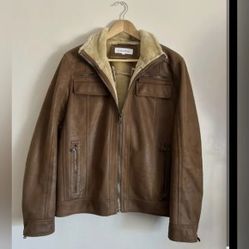 Calvin Klein CK Brown Shearling Suede Leather Jacket Coat Fur Lined Men
