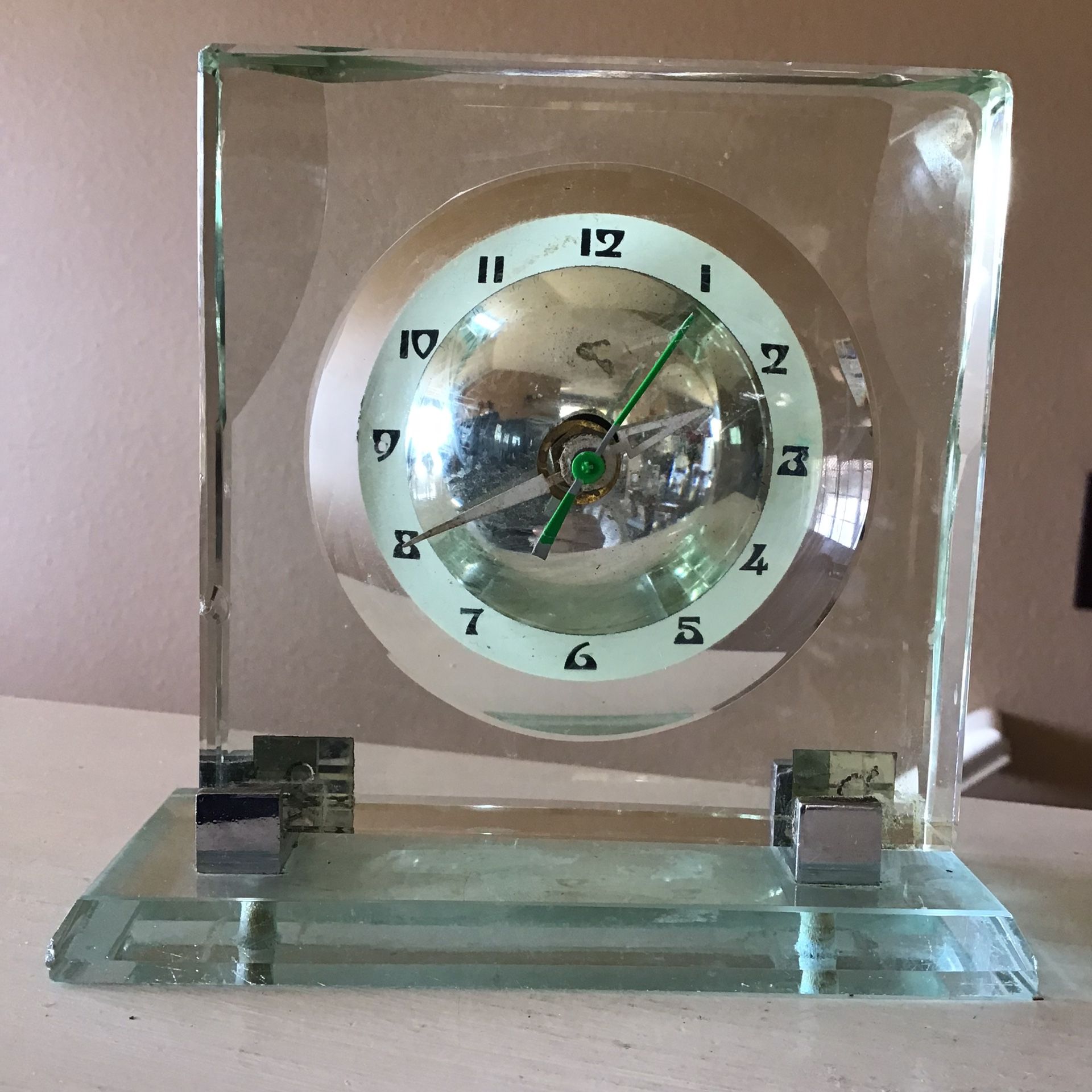 Vintage Waltham Watch Company Art Deco Glass & Chrome Desk Clock