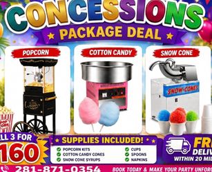 Popcorn, cotton candy, snow cone machine $55 each with supplies
