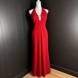 Vintage Red Halter Maxi Dress Y2K Glam Formal Evening Gown