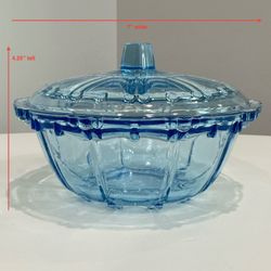 Vintage KIG Light Pearl Blue Etched Depression Glass Candy Dish with Lid