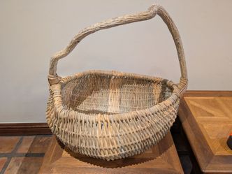 Vintage Rattan Gathering Basket, Willow Branch Handle