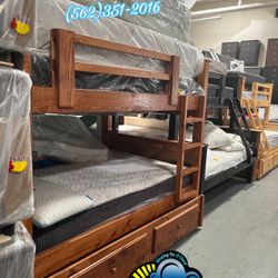 Triple Full Bunk Bed Oak With Mattress New Litera 