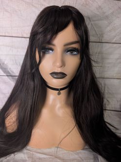 Long dark brown wig w/ bangs