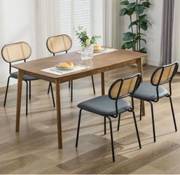 Dining Chairs Set of 4 Rattan Kitchen Chairs Black Leather Boho Dining Room Chairs Mid Century Modern Woven Upholstered Chair with Metal Leg Cane Chai