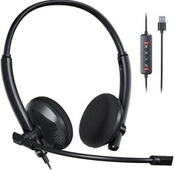 USB Headset with Noise Cancelling Microphone, for PC Laptop - Wired Computer PC/Zoom/MS Teams/Skype/Webinars/Call Center and More, Lightweight On-Ear 