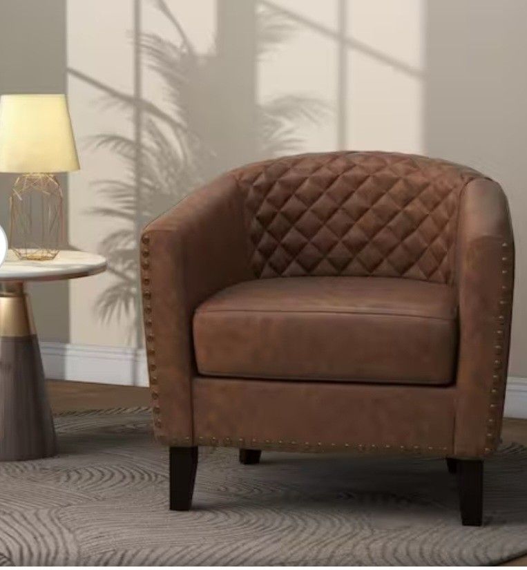 UIXE Faux Leather Accent Chair, Barrel Club Chair Upholstered Armchair for Living Room, Comfy Modern Arm Chair Bedroom Reading Seat - Brown