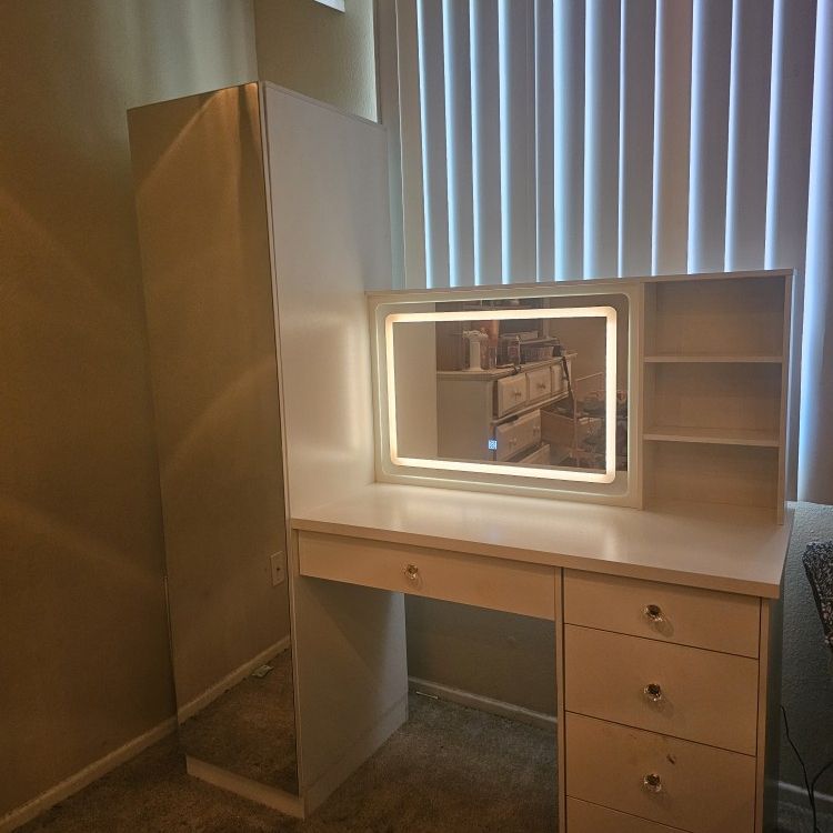 Makeup Vanity With Closet, Light Up Mirror/Full Body Mirror, Drawers, And Shelves