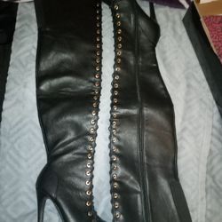 NWT Black Leather Thigh Highs, Size 7.5