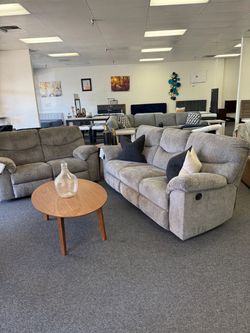 Gray Fabric Reclining Sofa and Loveseat Set