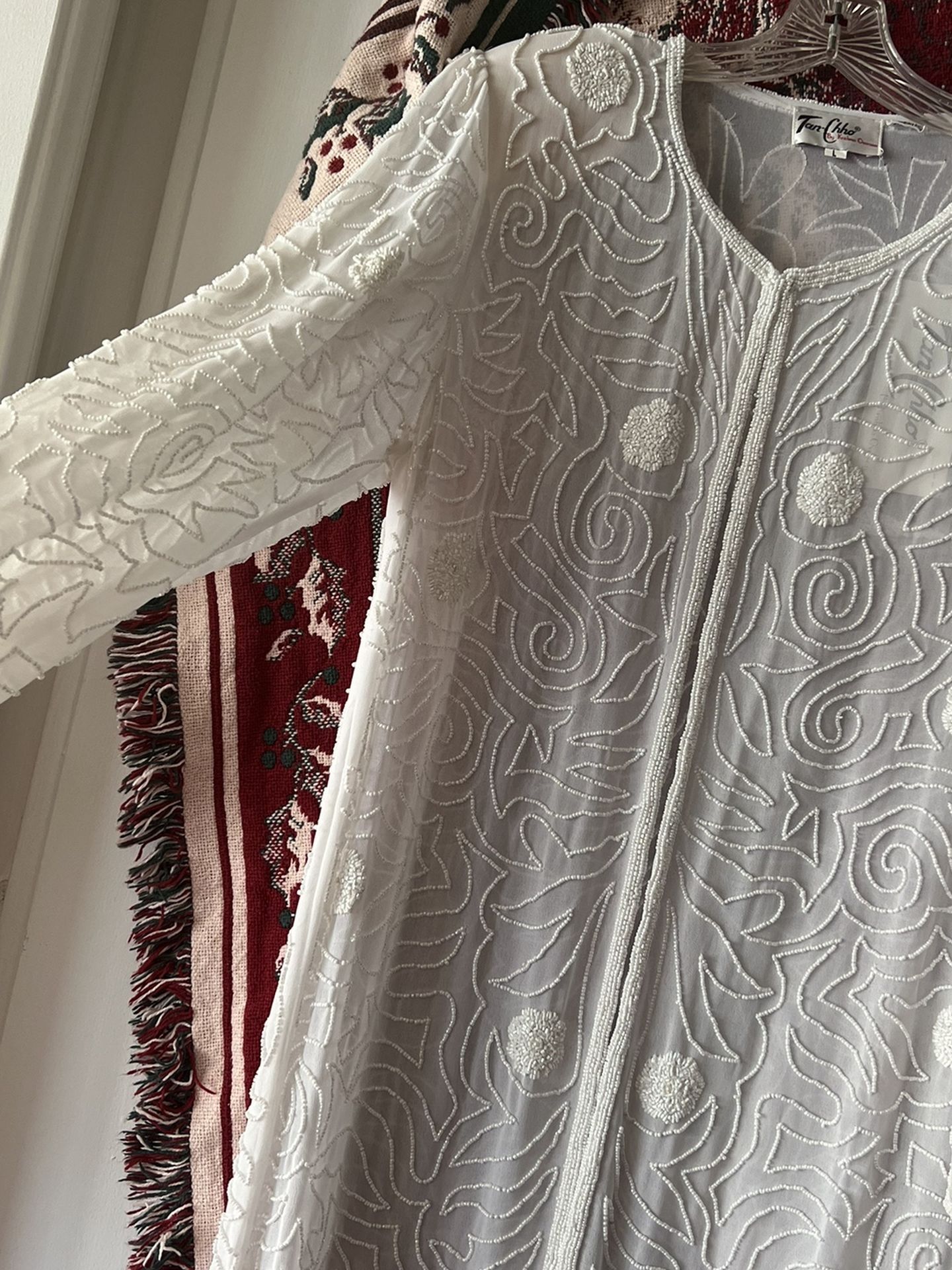 Womens Long Hand Beaded White Duster Cover