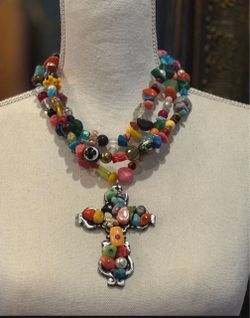 Handmade Artisan Bead , Glass , Stone Bead Pewter Cross Multi Strand Necklace