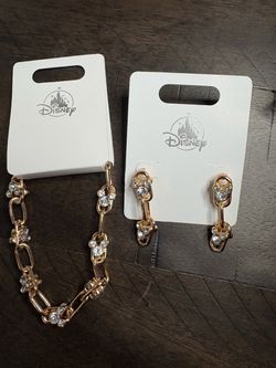 Disney Mickey Mouse Gold Chain Bracelet and Earring Set