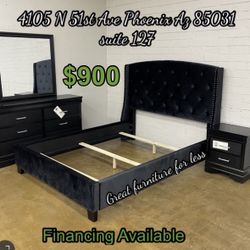 Queen Size Bedroom Set Black Include Bed Frame Dresser Mirror And Nightstand Brand New