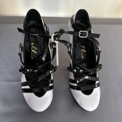 Ellie 7” Heel With Strap Details Adult Women Shoes Heels 428-Francis Black & white patent leather platform heels with adjustable straps and buckles