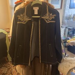 Victor Costa Black Denim Gold Embroidered Full Zip Jacket Women's Medium Western