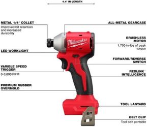 Milwaukee Impact Driver 1/4” 3651-20 M18 Brushless, 3 Levels Speed, Cordless (Brand New, Tool Only)