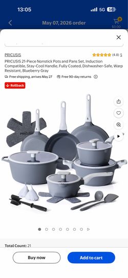 PRICUSIS 21-Piece Nonstick Pots and Pans Set, Induction Compatible, Blueberry Gray