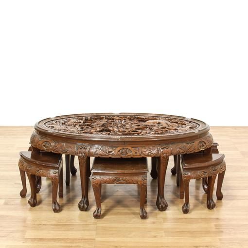 Carved Chinese Chow Set w/ Table & 6 Stools