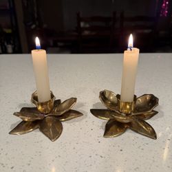 2 Vintage Brass Flower Candle Holders Lotus Beautiful India 