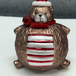 Seasons Cannon Falls SCF Teddy Bear Glass Ornament 5" Red Hat Bell