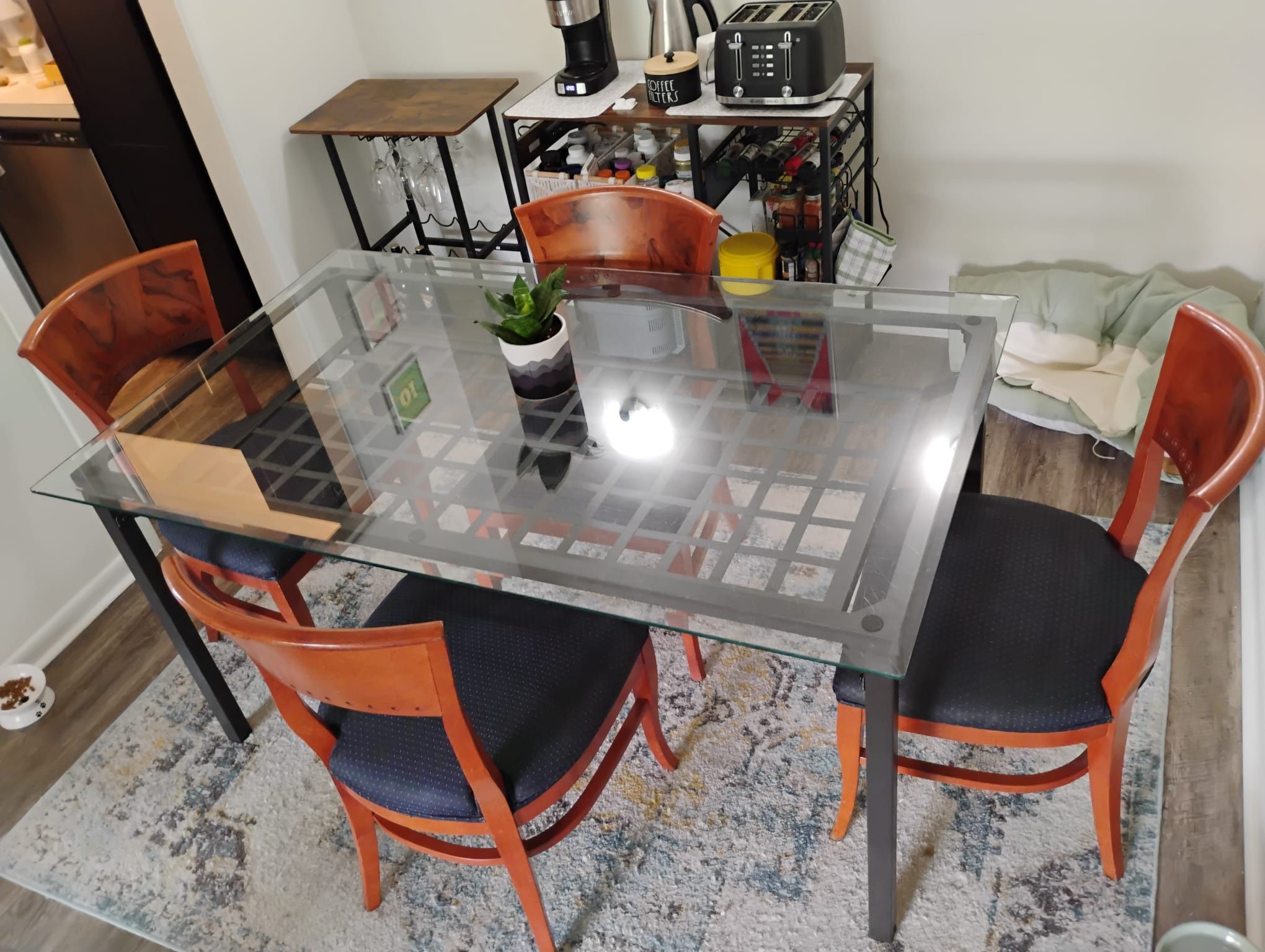Ikea Glass Top Iron Dining Table - 4 Wood Chairs