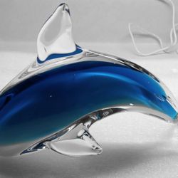 Large Art Glass Bottlenose Dolphin Table Shelf Window Decor Paperweight Cobalt 