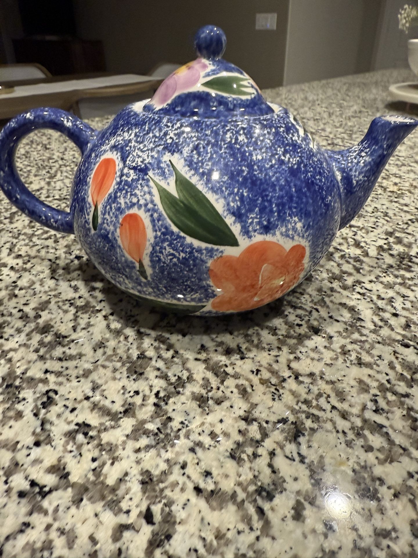 Vintage 1990s Teapot with Lid,  in Blue Floral Pattern