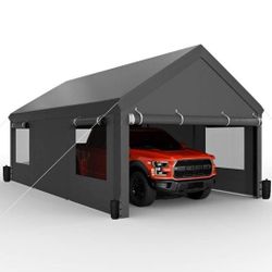 New 12x20ft Carport, Reinforced Steel Poles with Removable Sidewalls and Doors, Roll-Up Windows 