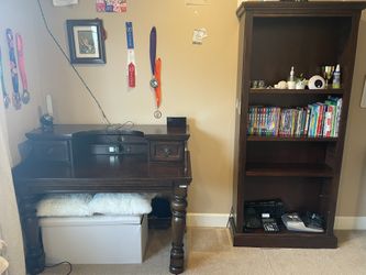 Heavy Dark Wood Desk And Bookshelf