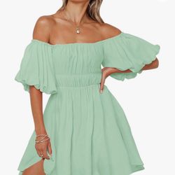 Women's Summer Puff Sleeve Off Shoulder Ruffle A-Line Short Dress