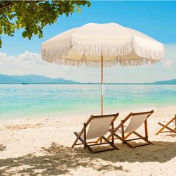 Boho Beach Umbrella with Fringe Outdoor Table Umbrella 6.5ft Beige Umbrella for Wedding Tilt Patio Umbrellas UPF50+ Deck Umbrellas Waterproof Portable