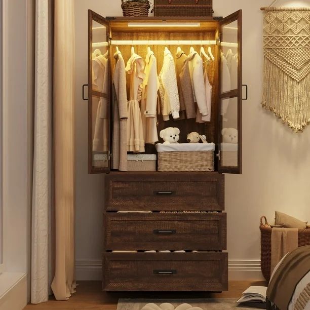  75" H Wardrobe Closet with LED Light & Glass Door, Modern Armoire Wardrobe Closet with 3 Drawers & Hanging Rail, Armoire Clothing Organizer for Bedro