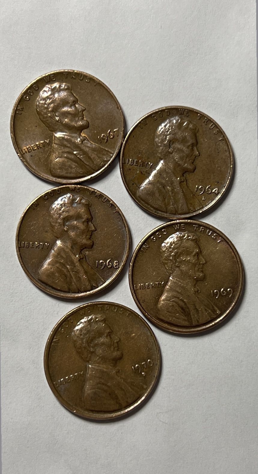  Old Pennies 64-67-68-69-70. (64 and 70 with mark)