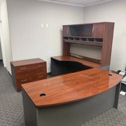 Bush Cherry Wood Finish U-Shaped Office Desk Set with Hutch and Lateral File Cabinet