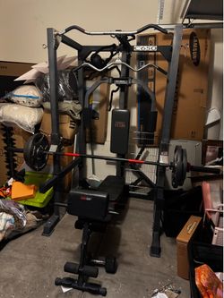 Squat rack and weight.