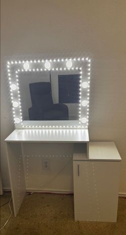 White Vanity Desk with Lighted Mirror