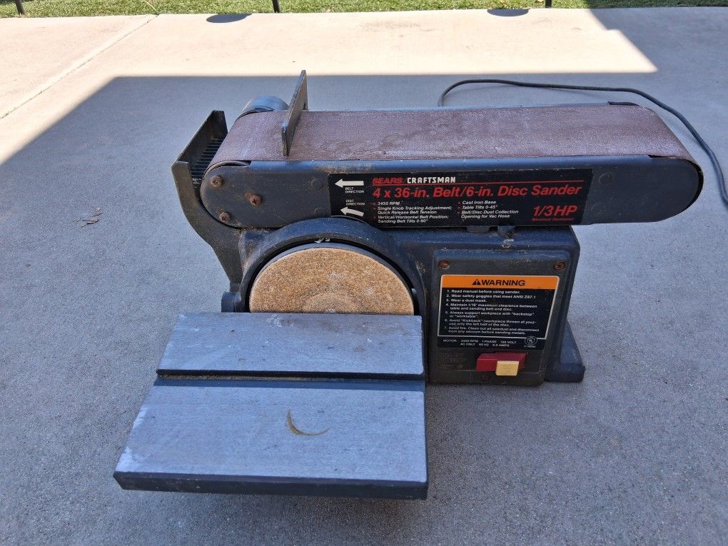 Sears/Craftsman heavy duty cast iron, 4" x 36" belt sander with 6" disk sander. 1/3 hp, 3,450 rpm's; 120 volts; 6.0 amps; model 113.226431. Excellent 