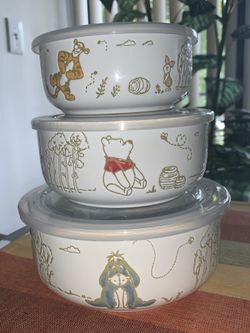 Disney Winnie The Pooh Tigger Piglet Eeyore Set Of 3 Ceramic Food Storage Bowls With Vented Lids New 