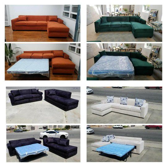 NEW 9x5ft  And 5x9ft SECTIONAL WITH SLEEPER CHAISE. VELVET  GINGE EVERGREEN  FABRIC, VALERIE AND  BLACK  MICROFIBER  Sofas  2piaces  CHAISE 