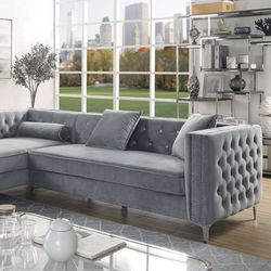 Brand New In Box Firm Price $1,199 Grey Crystal Tufted Sectional With Storage Pillows Included Chrome Legs Nailhead Trim