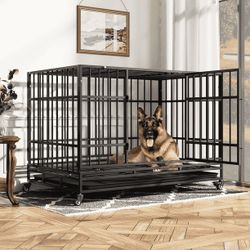 48 Inch Heavy Duty Steel Dog Crate with Wheels, Tray & Double Doors for Large Dogs
